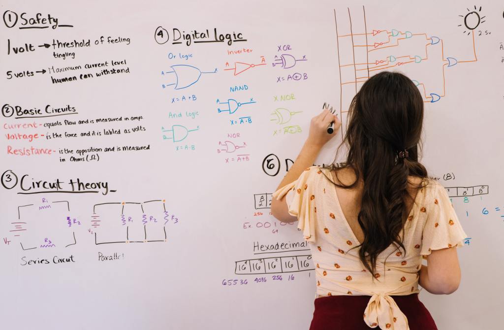 Woman in white and red polka dot long-sleeve shirt writing math equations on a whiteboard.