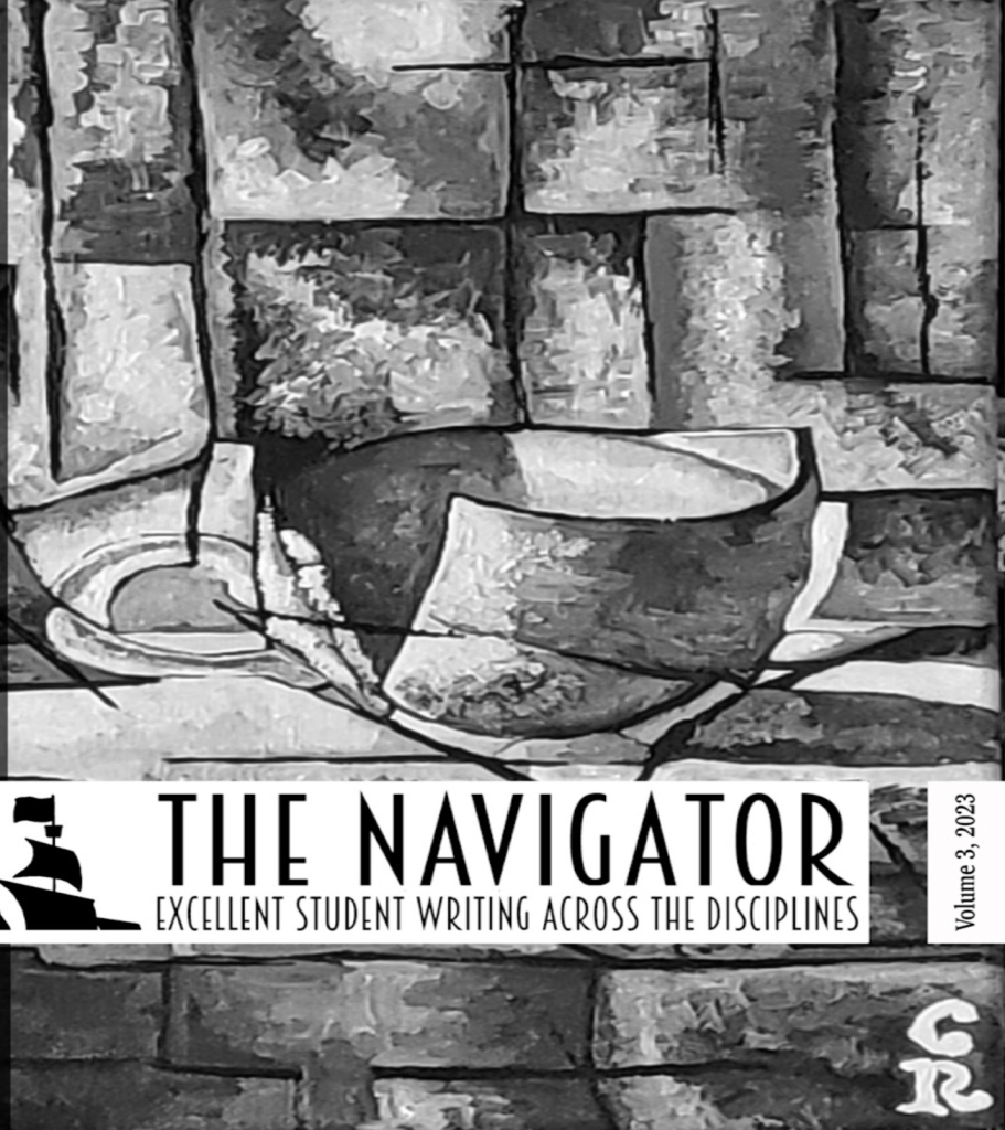 Painting of a chipped tea cup with "The Navigator: Excellent Student Writing Across the Disciplines, Volume 3, 2023" written underneath.