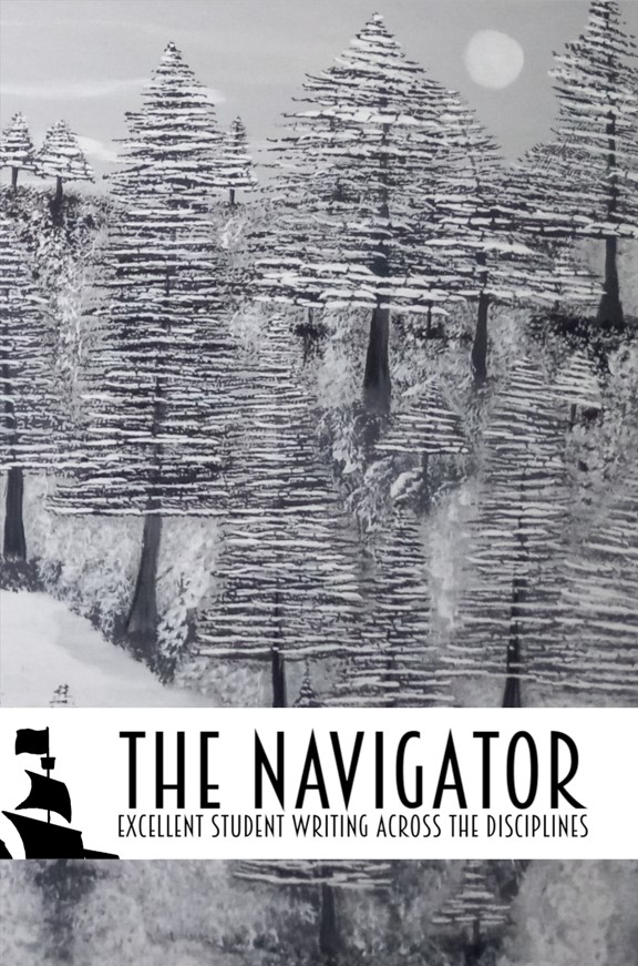 Acrylic painting of snow covered trees with "The Navigator: Excellent Student Writing Across the Disciplines" written underneath.