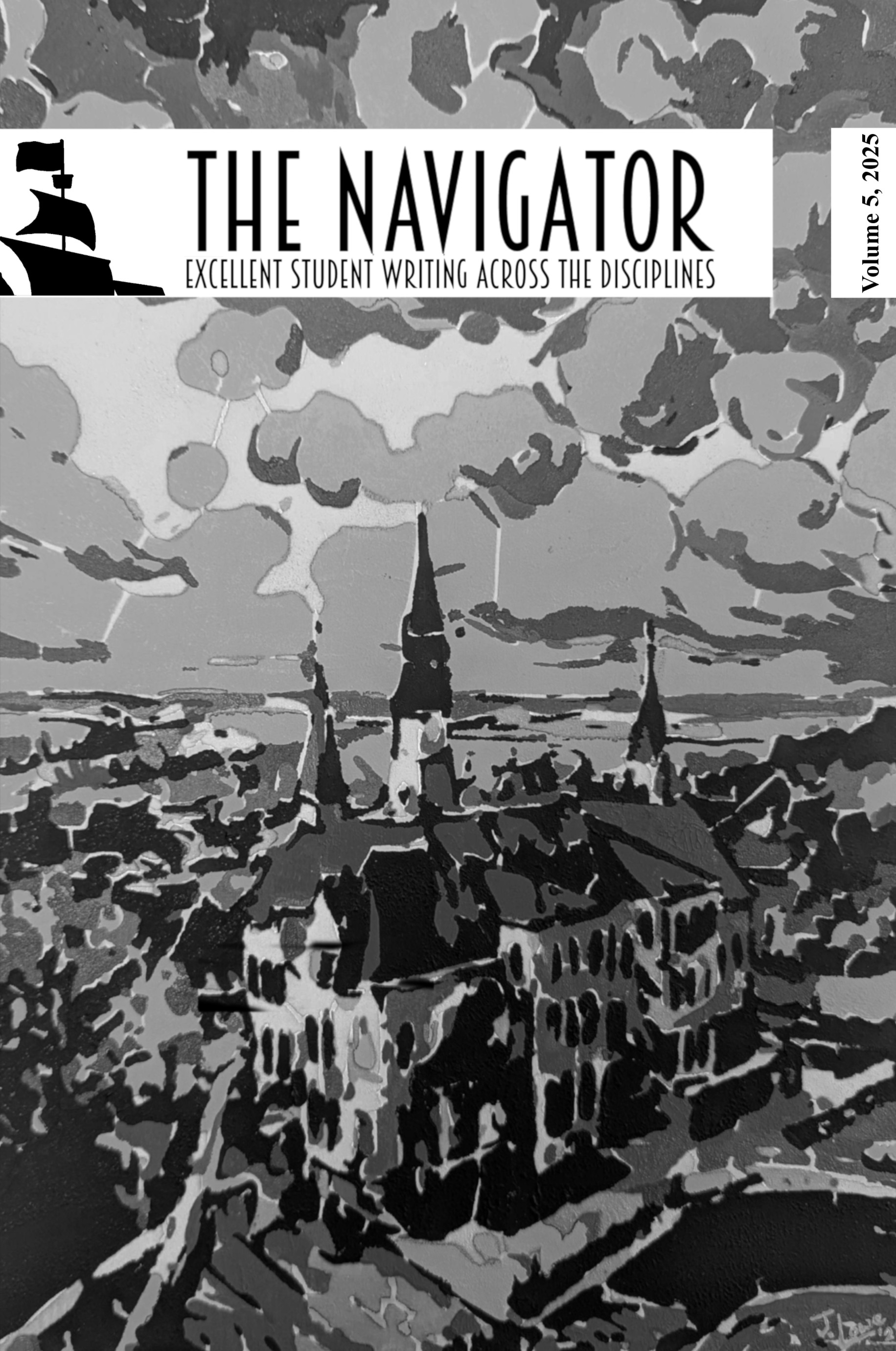 Black and white painting of an ariel view of Mackay Hall with "The Navigator: Excellent Student Writing Across the Disciplines, Volume 5, 2025" written on it.